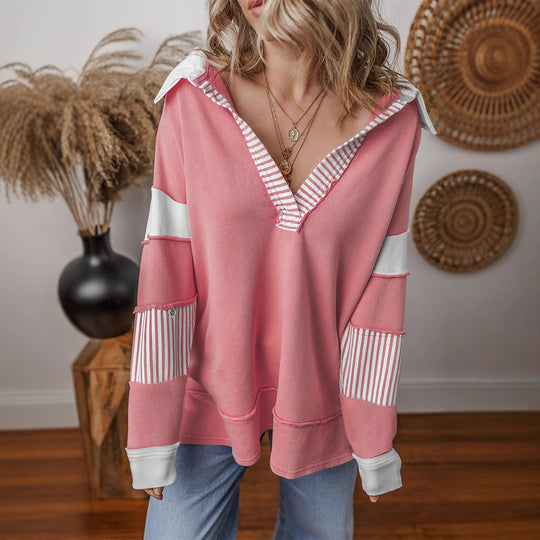 Damen lässiger Pullover mit Hemdkragen und gestreiften Ärmeln EB