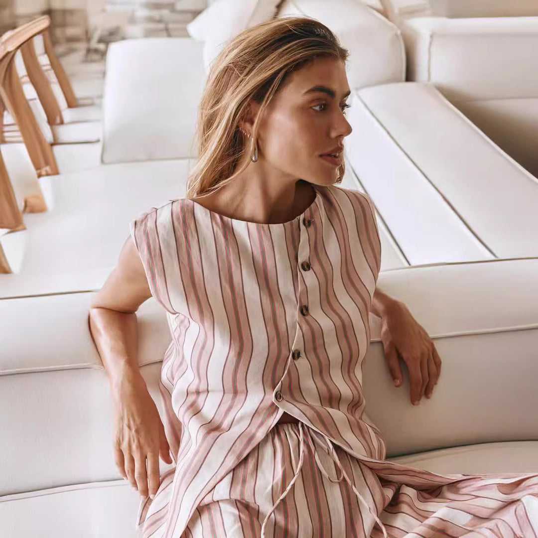 Damen gemütliche Lounge-Set mit gestreiftem Design und knöpfbarem Oberteil EB