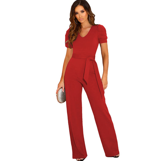 Damen Eleganter Jumpsuit mit Taillengürtel und Puffärmel EB