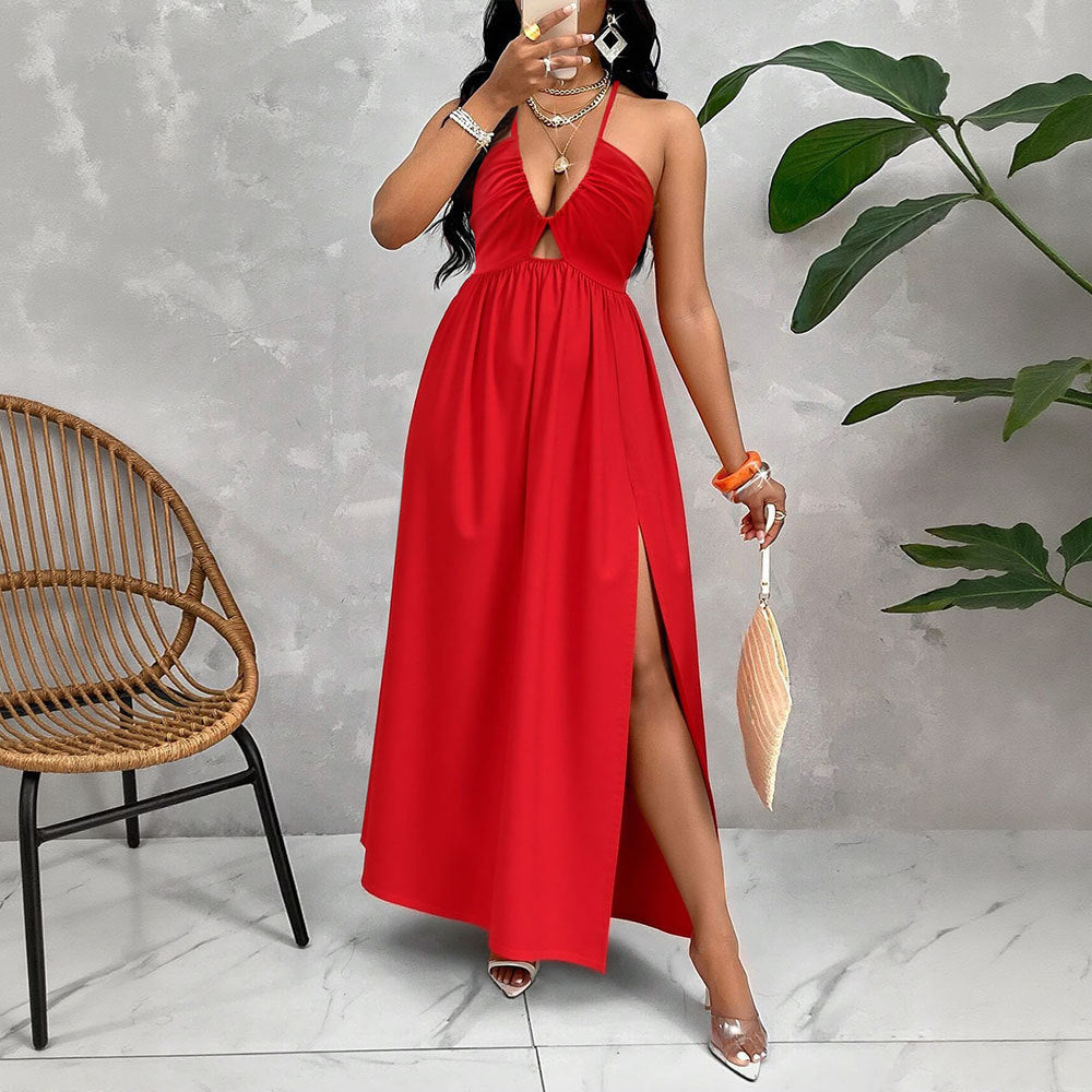 Damen Maxikleid mit tiefem V-Ausschnitt und seitlichem Schlitz EB