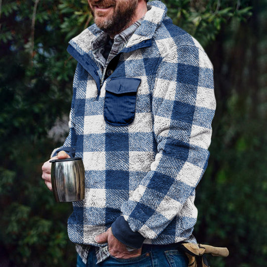 Herren Fleece-Pullover mit Karomuster und Hohem Kragen EB