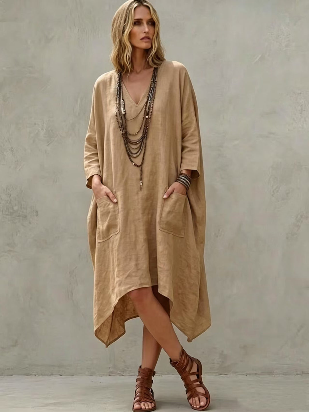 Damen nan Oversize Kaftankleid mit V-Ausschnitt, Eingrifftaschen und asymmetrischem Saum EB