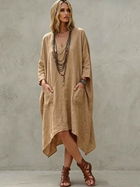 Damen nan Oversize Kaftankleid mit V-Ausschnitt, Eingrifftaschen und asymmetrischem Saum EB