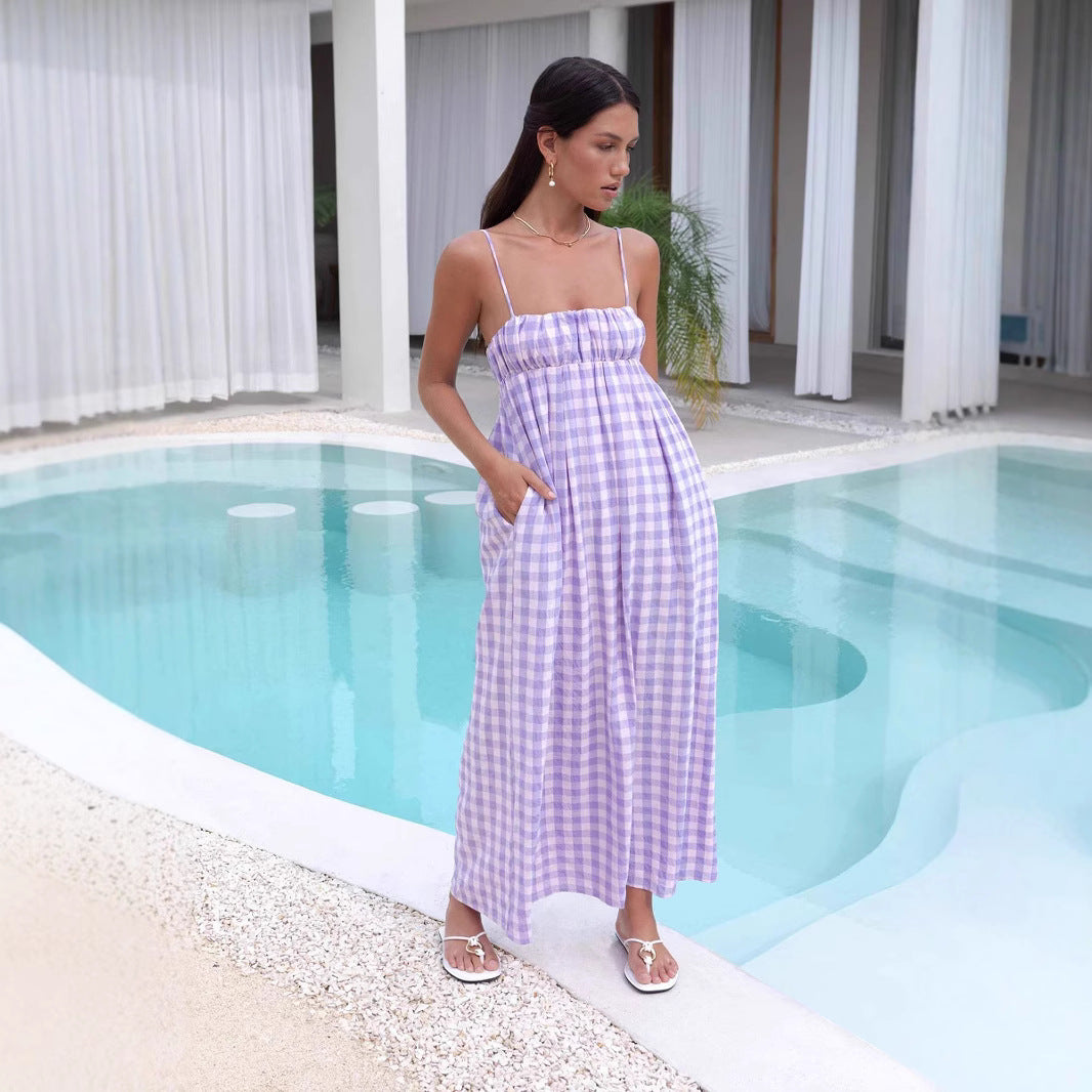 Damen Maxikleid mit Kariertem Muster und Elastischem Oberteil EB