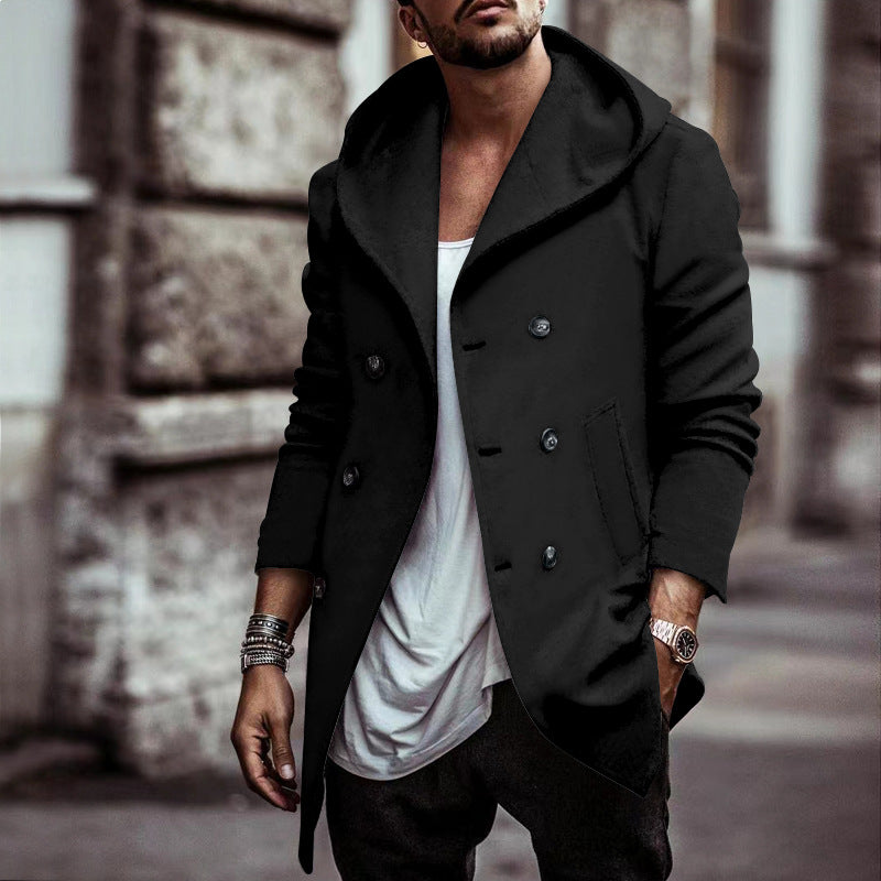Herren stylischer Hoodie-Mantel mit doppelter Knopfreihe und weitem Kragen EB