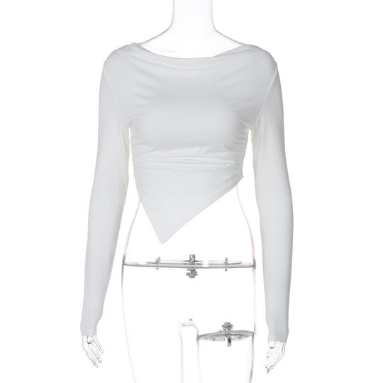Damen nan asymmetrisches langärmeliges Cropped-Top mit drapiertem Ausschnitt, seitlicher Raffung und spitzem Saum EB