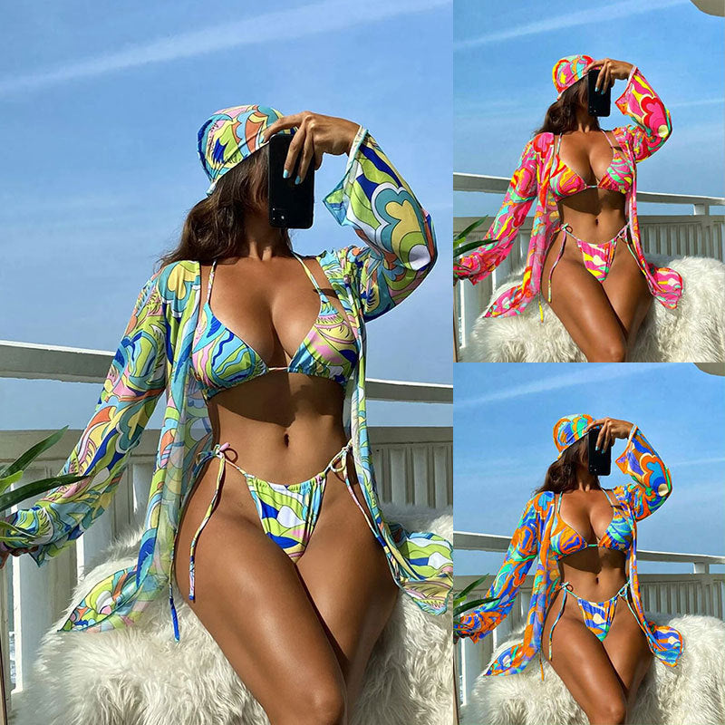 Damen Bunt bedruckter Bikini mit langem Cover-Up EB