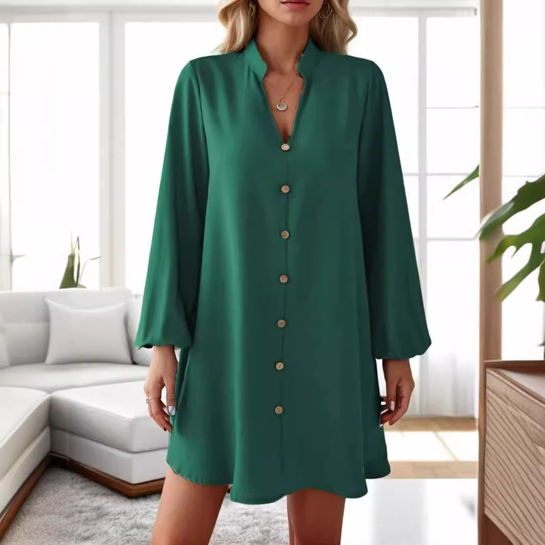 Damen kurzes Kleid mit Knopfleiste und eleganten Puffärmeln EB