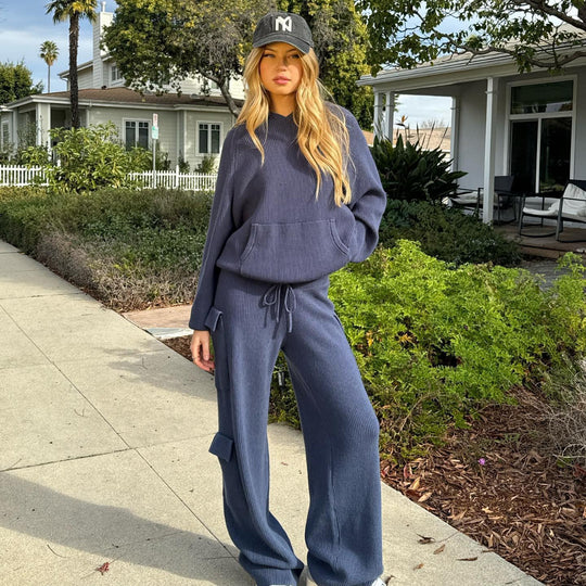 Damen nan gerippter Kapuzenpullover aus Feinstrick mit Kängurutasche und relaxed Fit EB
