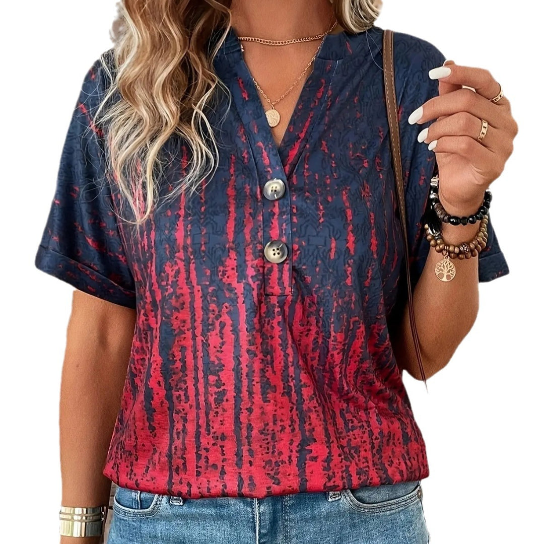 Damen Kurzarm Bluse mit Knopfleiste und grafischem Muster EB