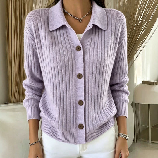 Damen Feiner gerippter Knopf‑Cardigan mit Hemdkragen und kastiger Silhouette EB
