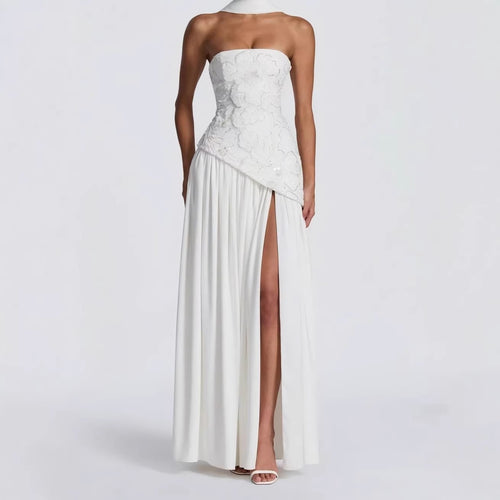 Damen Strapless Abendkleid mit seitlichem Schlitz und floralen Applikationen EB