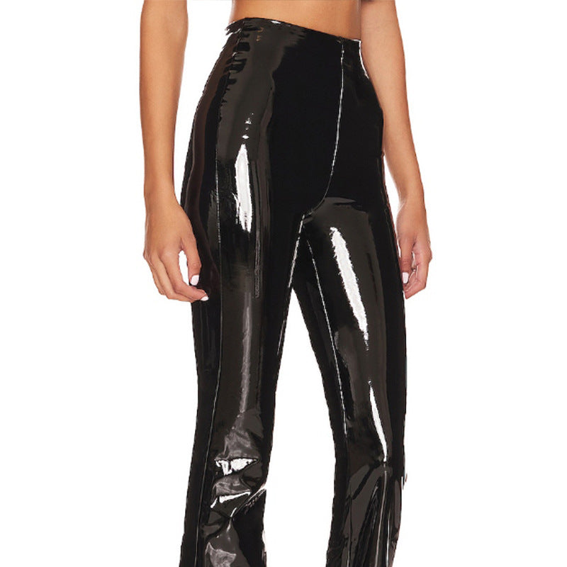 Damen Hochglänzende Flared-Leggings aus elastischem Material EB