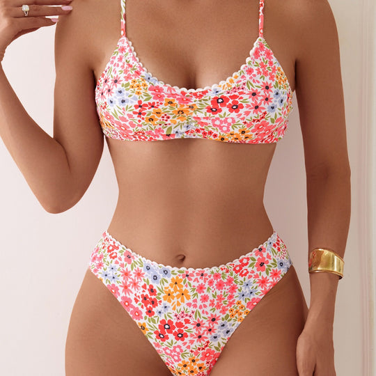 Damen Bikini mit buntem Patchwork-Muster und hohem Bund EB
