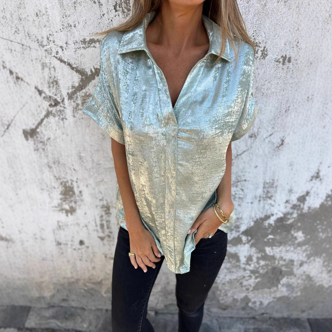 Damen Elegante und lässige Satinbluse mit kurzen Ärmeln EB