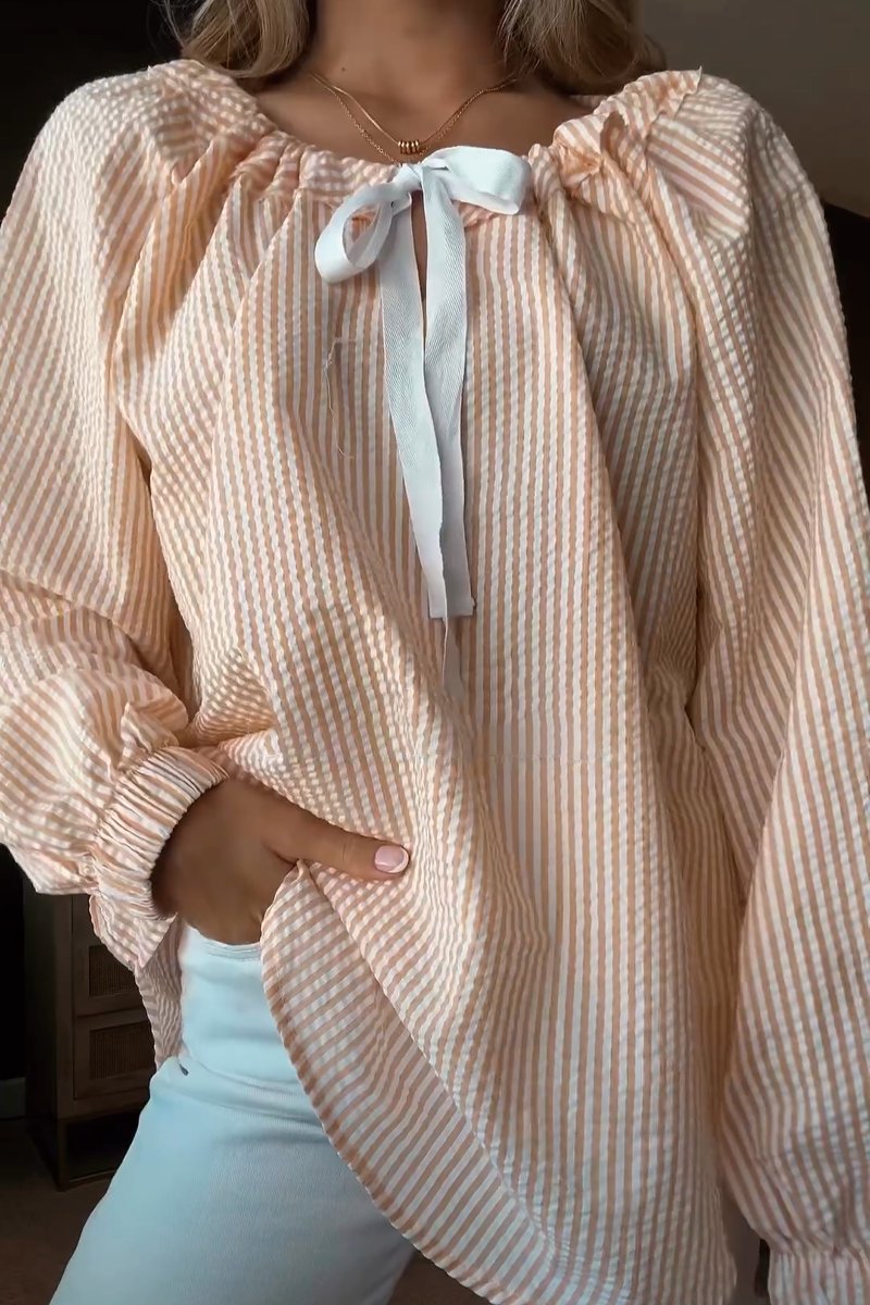Damen Bluse mit elastischem Ausschnitt und Schleifenbindung EB