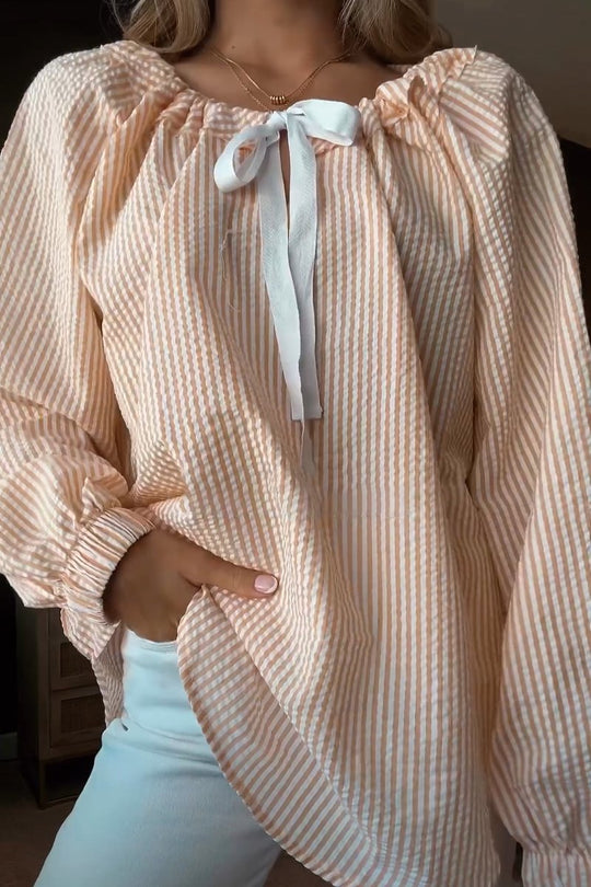 Damen Bluse mit elastischem Ausschnitt und Schleifenbindung EB
