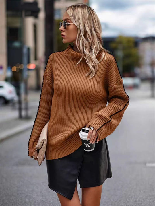 Damen Strickpullover mit elegantem Rollkragen und modischen Ärmelöffnungen EB