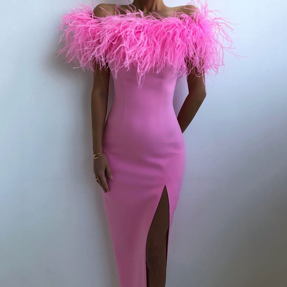 Damen Abendkleid mit federverziertem Oberteil und schlankem Schnitt EB