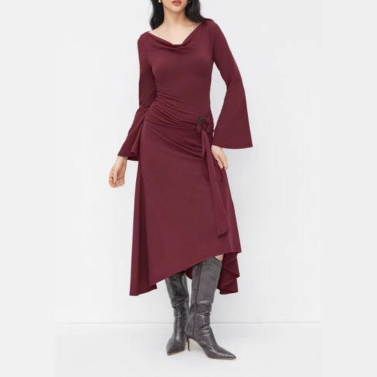 Damen Asymmetrisches Midikleid mit Wasserfallkragen, Glockenärmeln und seitlichem Ringdetail EB