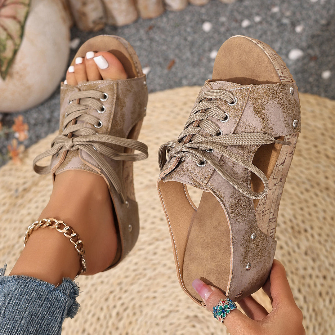 Damen Wedge-Sandalen mit modischem Schnürdesign und Korksohle EB