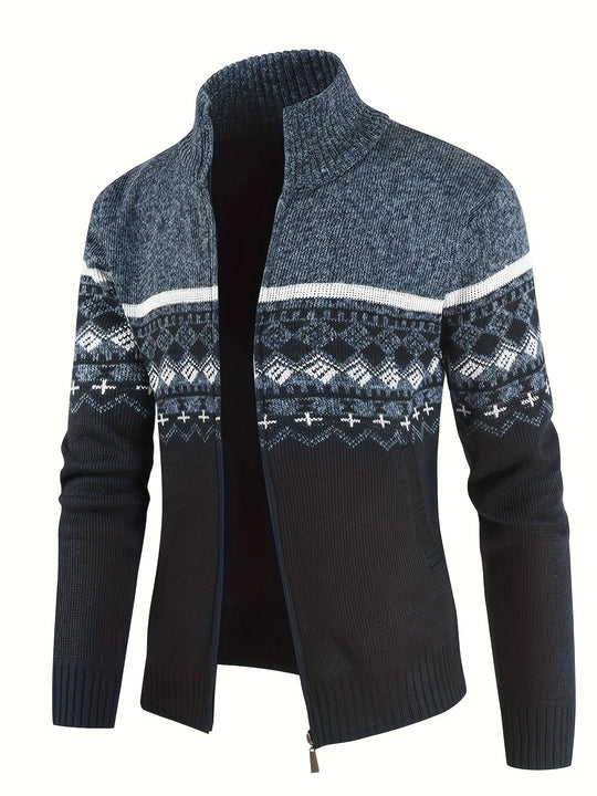 Herren Thermo-Strickjacke mit Stehkragen und Reißverschluss Norwegerstrick Fleece-gefüttert EB