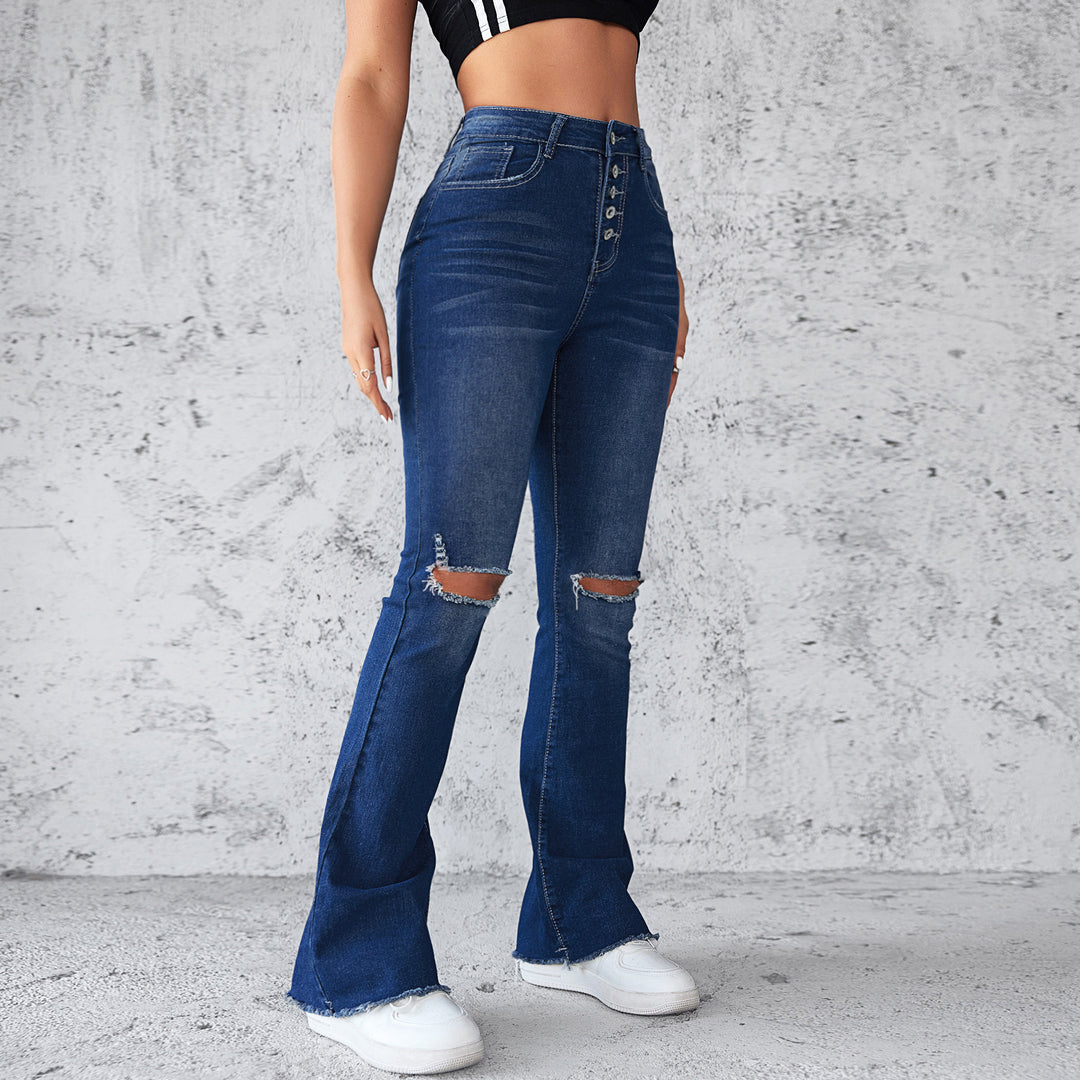 Damen Schlagjeans mit distressed Details und hohem Bund EB