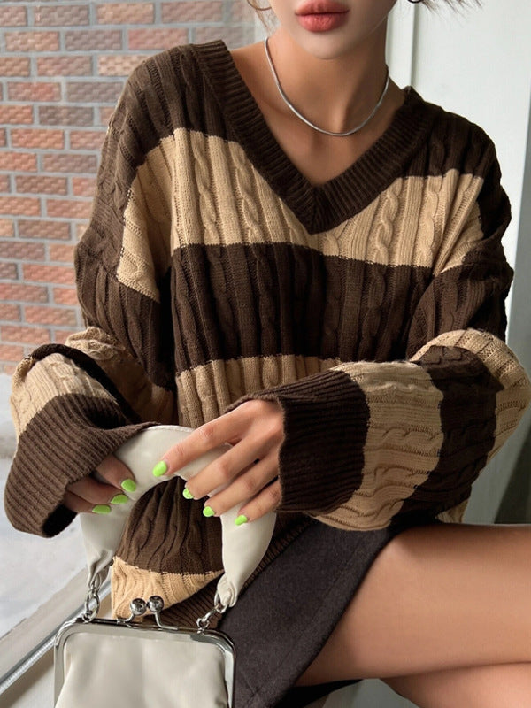 Damen V-Ausschnitt Strickpullover mit Rippstruktur und langen Ärmeln EB