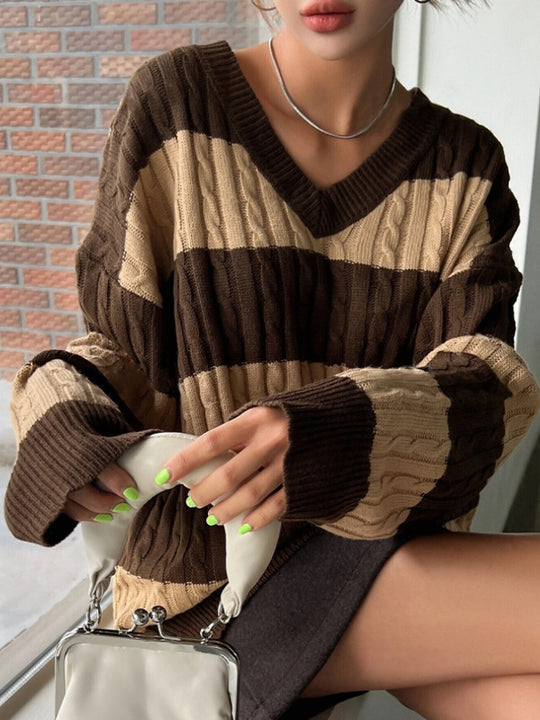Damen V-Ausschnitt Strickpullover mit Rippstruktur und langen Ärmeln EB