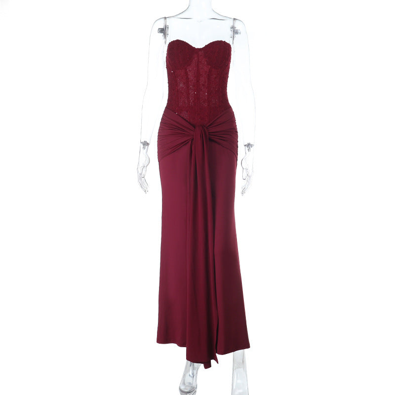 Damen schickes Maxikleid mit elegantem Bustier-Oberteil und gerafftem Rock EB