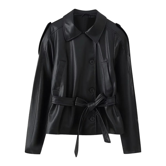Damen Kunstlederjacke mit eleganten Knopfdetails und Gürteldesign EB