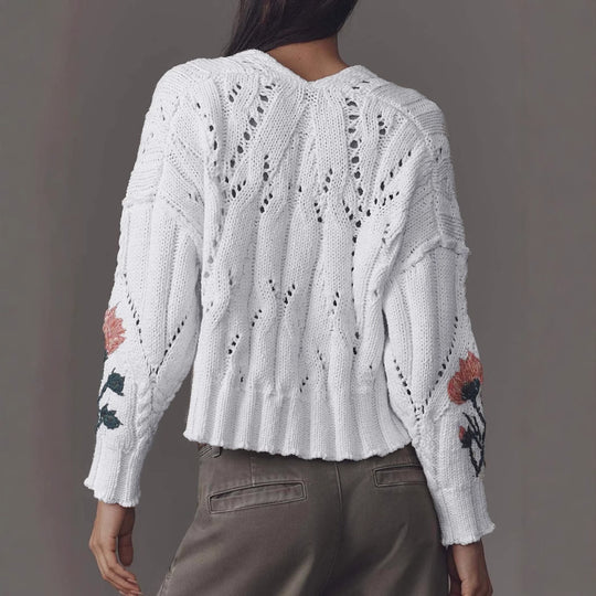 Damen Strickpullover mit floralem Design und V-Ausschnitt EB