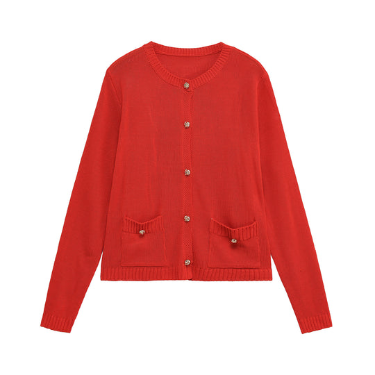 Damen bequeme Strickjacke mit Knopfdetails und aufgesetzten Taschen EB