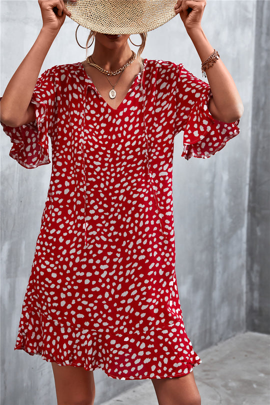 Damen lässiges V-Ausschnitt Sommerkleid mit voluminösen Ärmeln EB