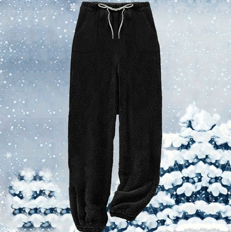 Damen nan kuschelige Sherpa-Fleece Loungehose mit Kordelzug, hoher Taille und elastischen Bündchen EB