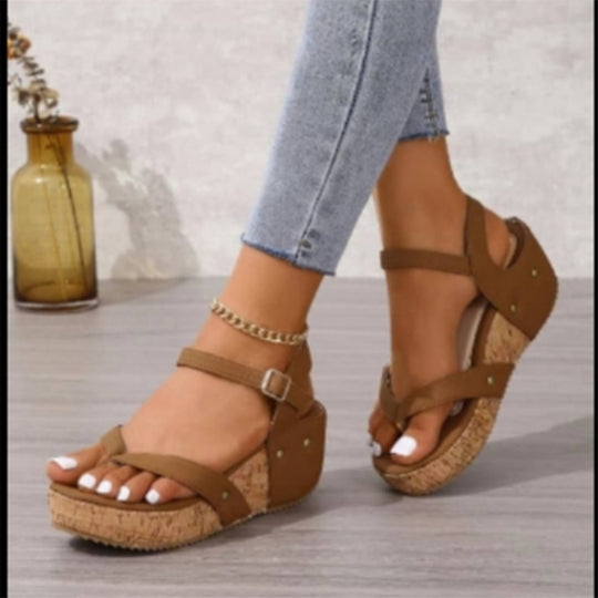 Damen mit modischem Kork-Plateau und verstellbarem Riemendesign Sandalen EB