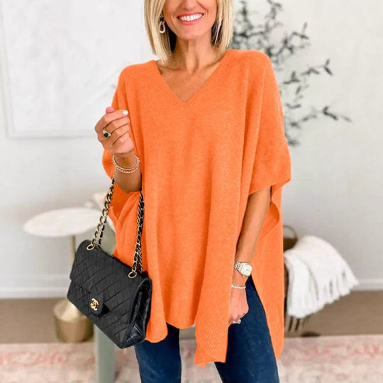 Damen Strickponcho mit V-Ausschnitt und lässigem Schnitt EB