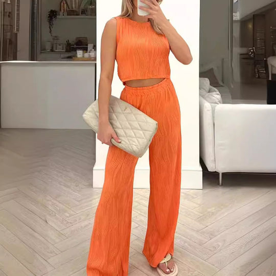 Damen Zweiteiliges Set mit hochgeschnittenem Oberteil und weitem Hosen EB