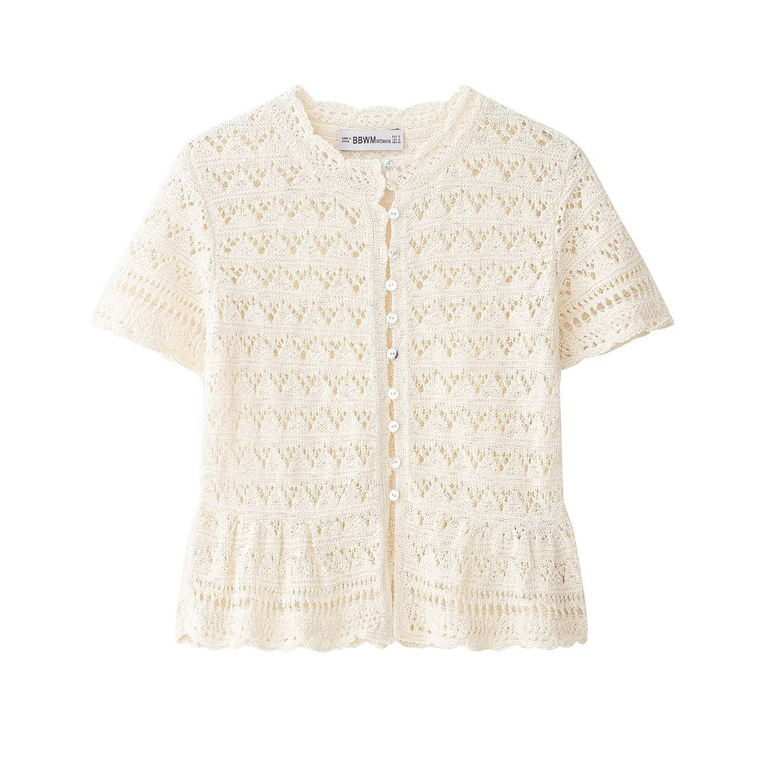 Damen feine Kurzarm-Bluse mit romantischem Spitzenmuster EB