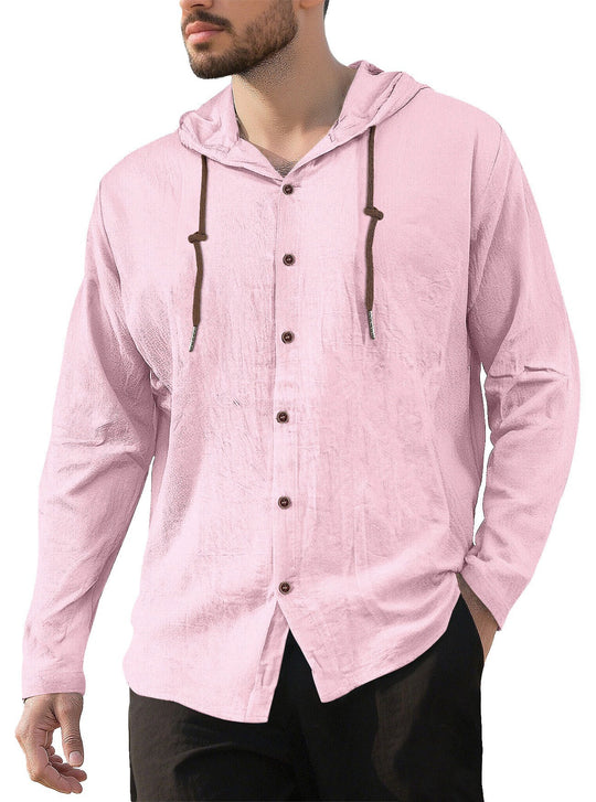 Herren nan Kapuzenhemd im Leinen-Look mit durchgehender Knopfleiste und Kordelzug EB