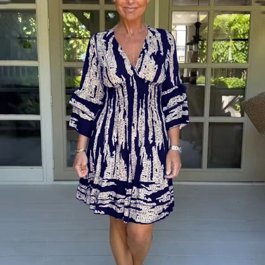 Damen lässiges Strandkleid mit V-Ausschnitt und weitem Rock EB