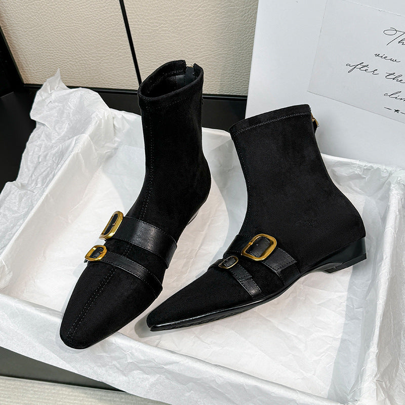 Damen Ankle Boots mit modischen Schnallen und spitz zulaufendem Design EB