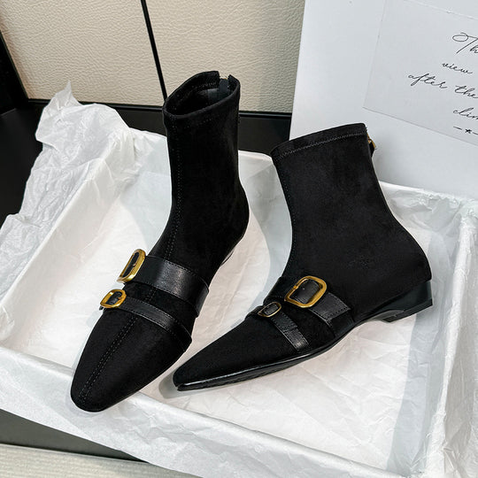 Damen Ankle Boots mit modischen Schnallen und spitz zulaufendem Design EB