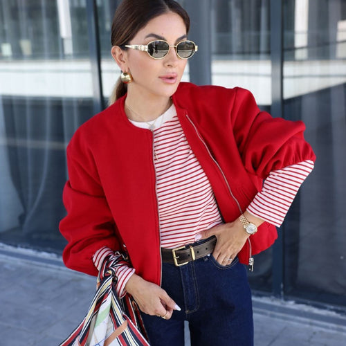 Damen nan kurze Oversize Wollblouson mit Reißverschluss, Ballonärmeln und elastischem Saum EB