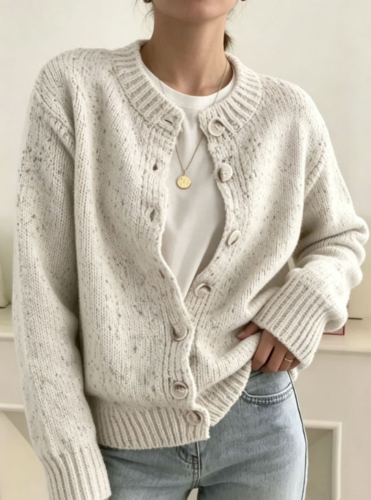Damen Grobgestrickter Kurzcardigan mit Rundhalsausschnitt und meliertem Tweed-Effekt EB