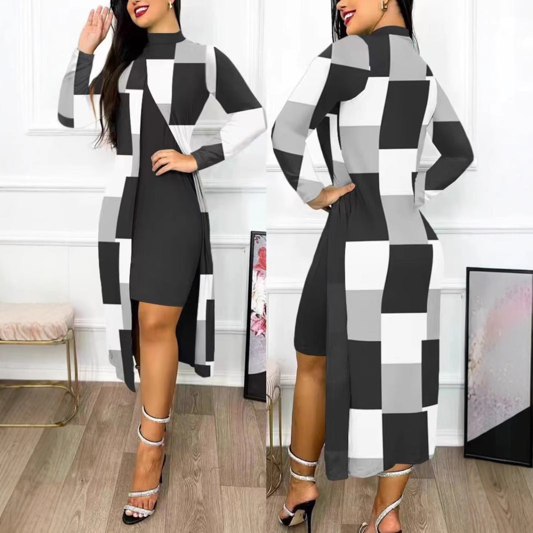 Damen elegantes Maxikleid mit asymmetrischem Schnitt und Grafischem Muster EB