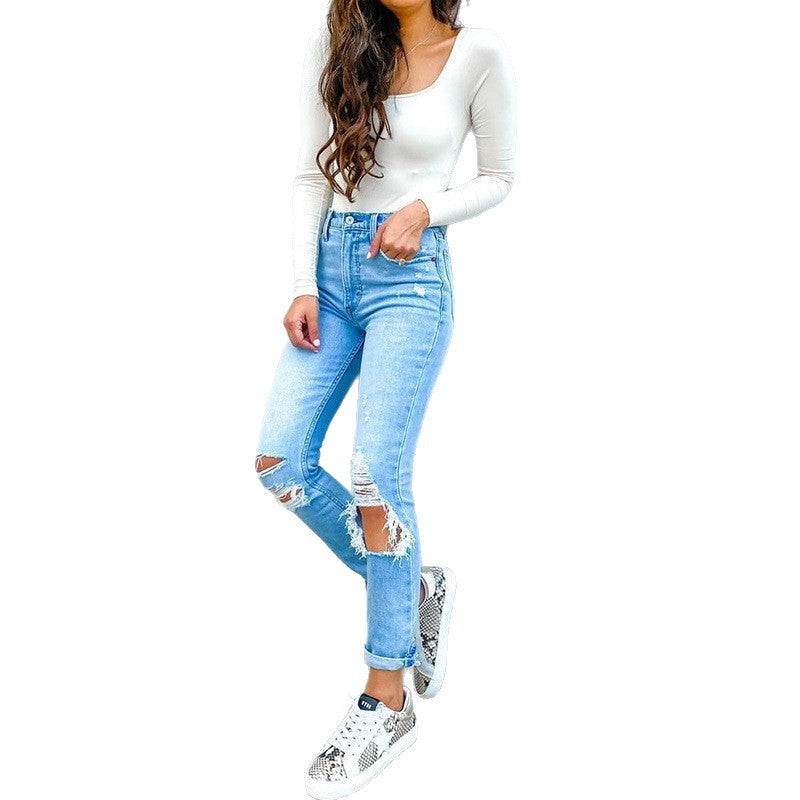 Damen Hochtaillierte Skinny Jeans mit modischen Rissen EB