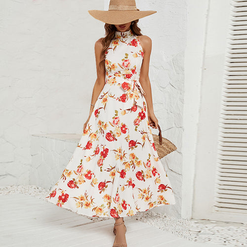 Damen Maxikleid mit hochgeschlossenem Design und floralem Gürtel EB