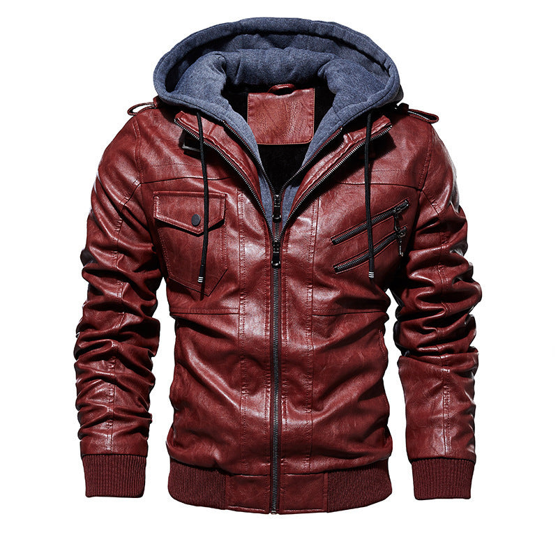 Herren lässige Kunstlederjacke mit abnehmbarer Kapuze und zahlreichen Taschen EB