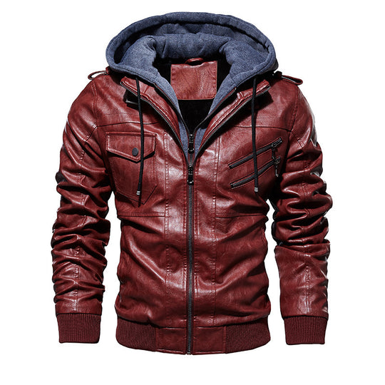 Herren lässige Kunstlederjacke mit abnehmbarer Kapuze und zahlreichen Taschen EB